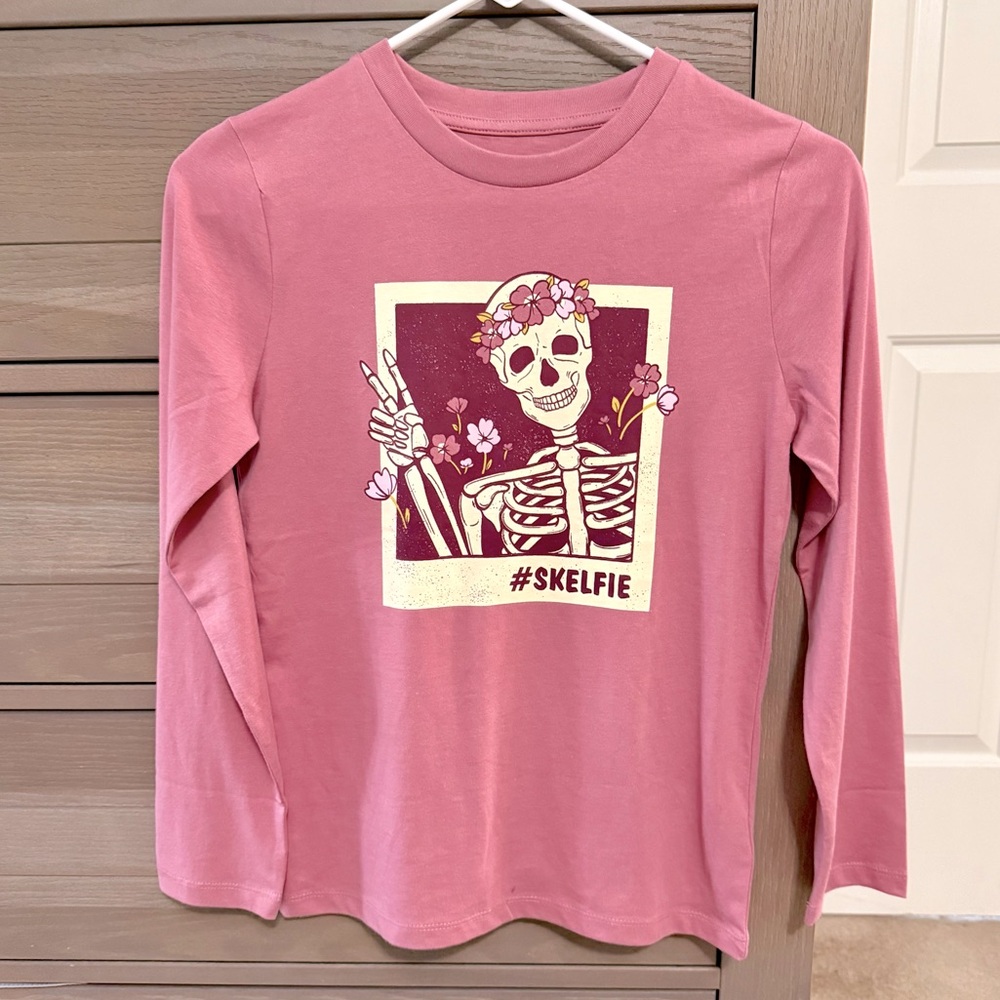 Joe Fresh LS fall / halloween #skelfie t shirt rose/mauve pink girls large NWOT